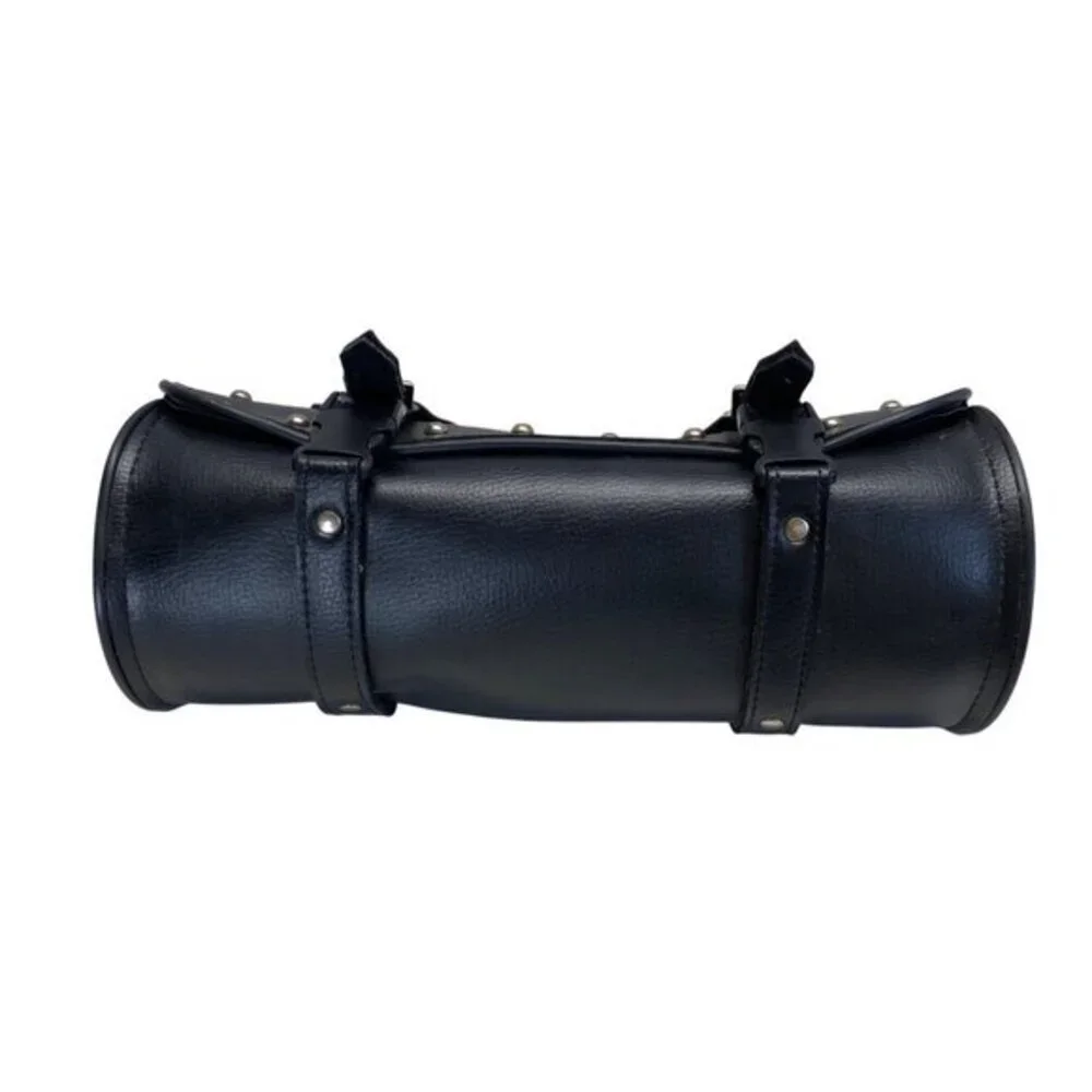 Black Leather Studded Motorcycle Handlebar Tool Bag With Buckle Straps